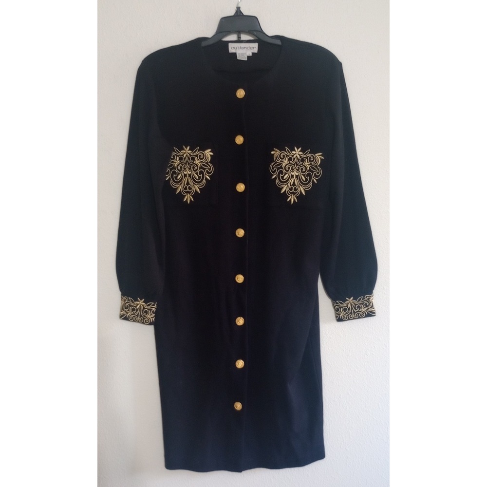 Outlander Vintage Black Gold Embroidered Wool Blend Knit Cardigan Dress Small